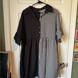 Black and White Split Striped Button-Up Dress